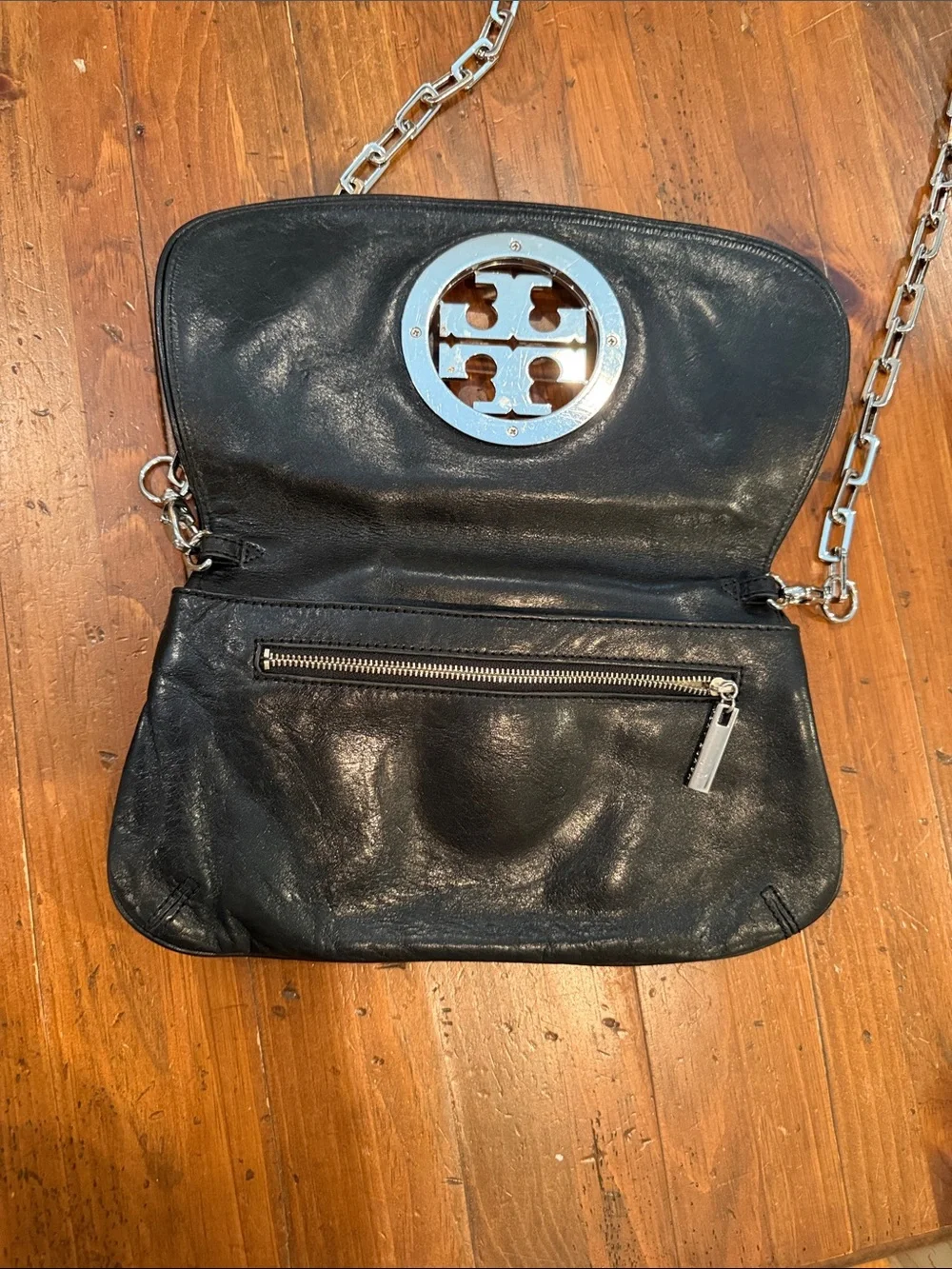 Tory Burch Black Leather Clutch with Silver Logo Accent